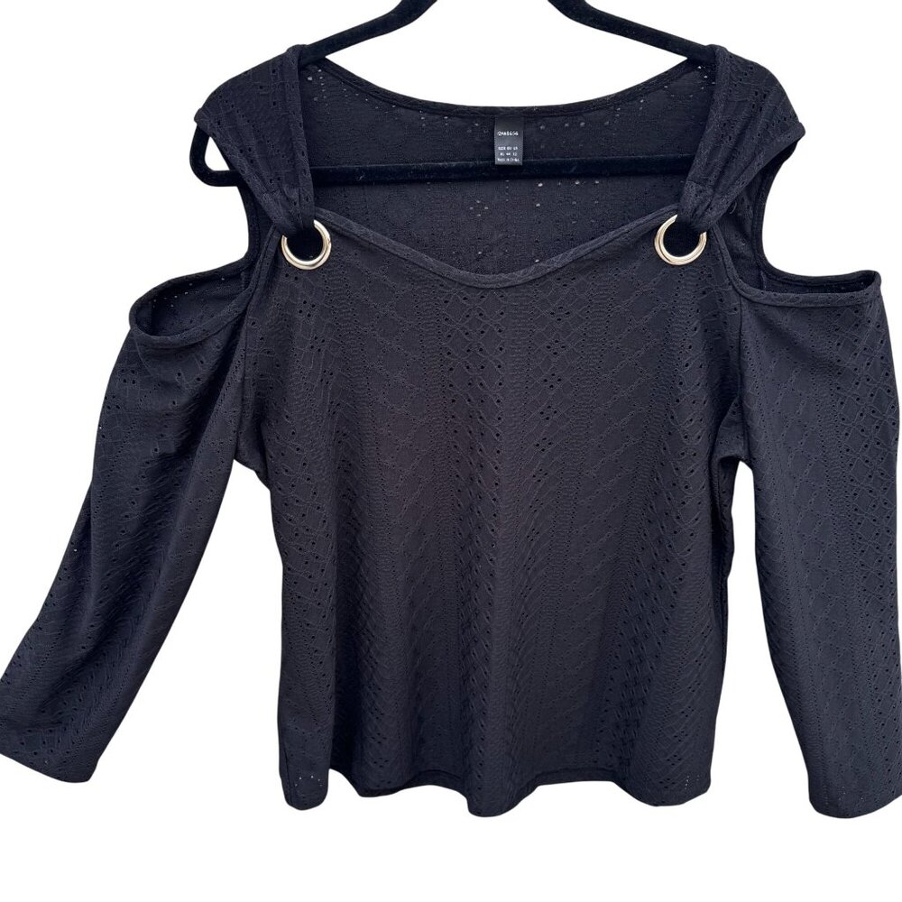 Ranlege Black Cold Shoulder Pointelle Knit Top Goth Grunge XL Edgy Dark Academic